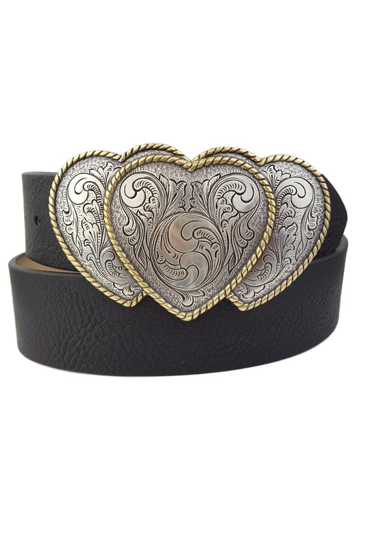 Triple  Threat Heart Buckle In Leather Belt