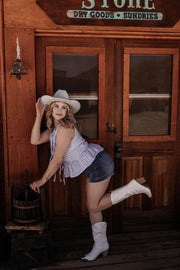 Sweet Talker Peplum Gingham Top -Blue