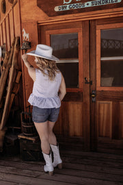 Sweet Talker Peplum Gingham Top -Blue