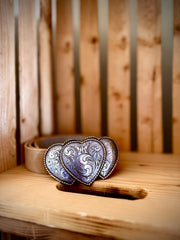 Triple  Threat Heart Buckle In Leather Belt