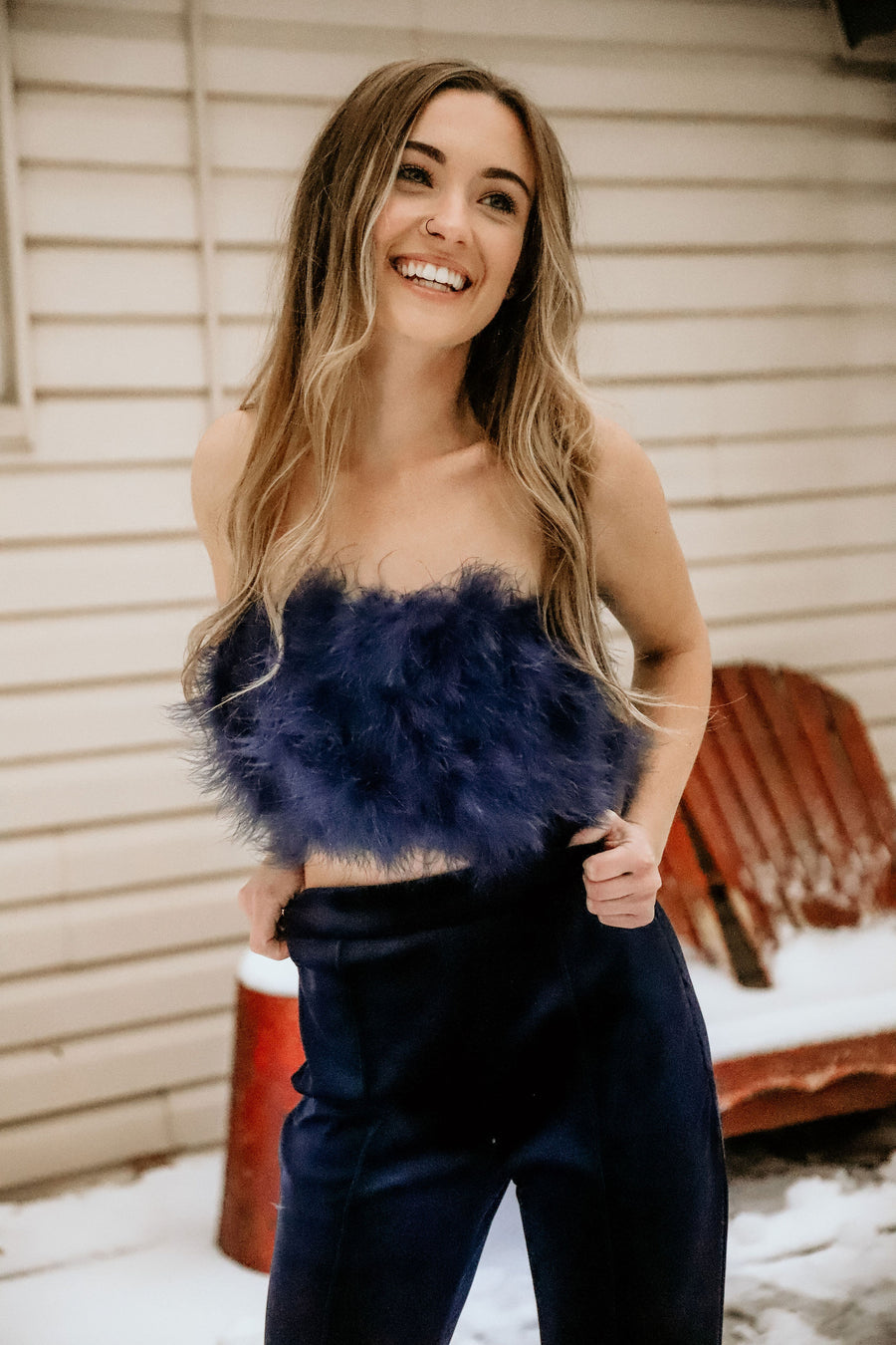 All About It  Feather Tube Top - DARK BLUE
