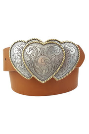 Triple  Threat Heart Buckle In Leather Belt