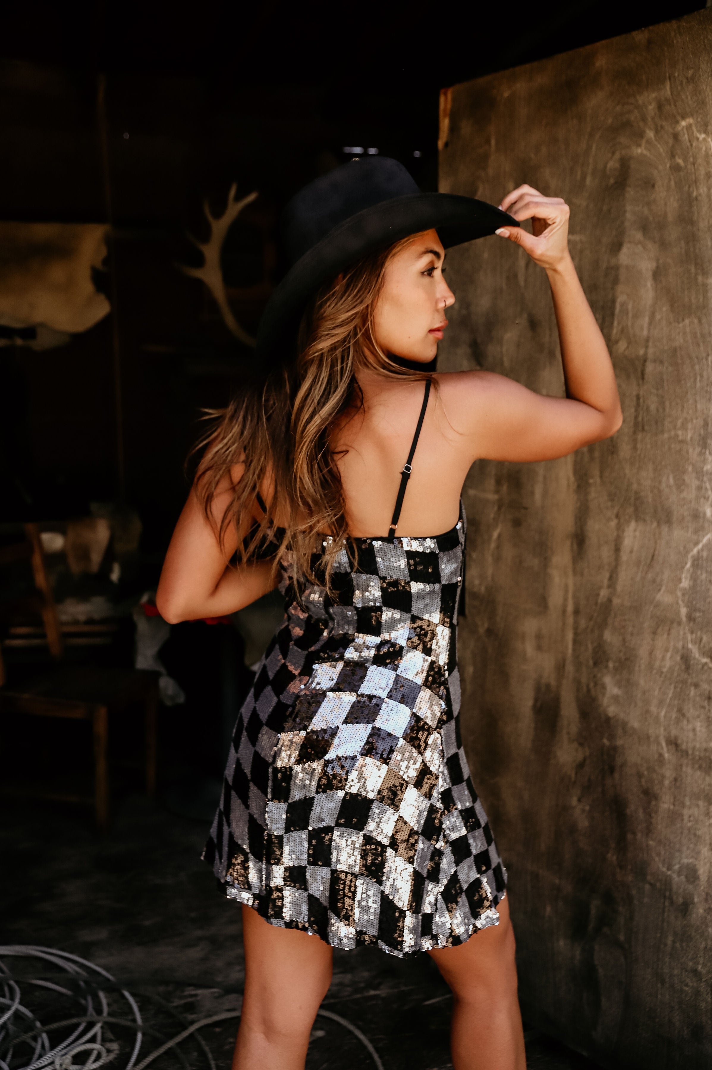 checkered sequin dress Black & White Plaid Sequin Embellished Tweed Royal Neckline Maxi Dress RAISA VANESSA INT
