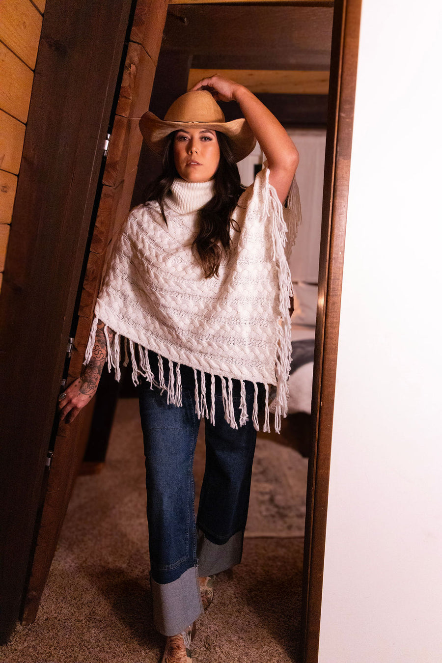 The Chalet Fringe Cream Poncho