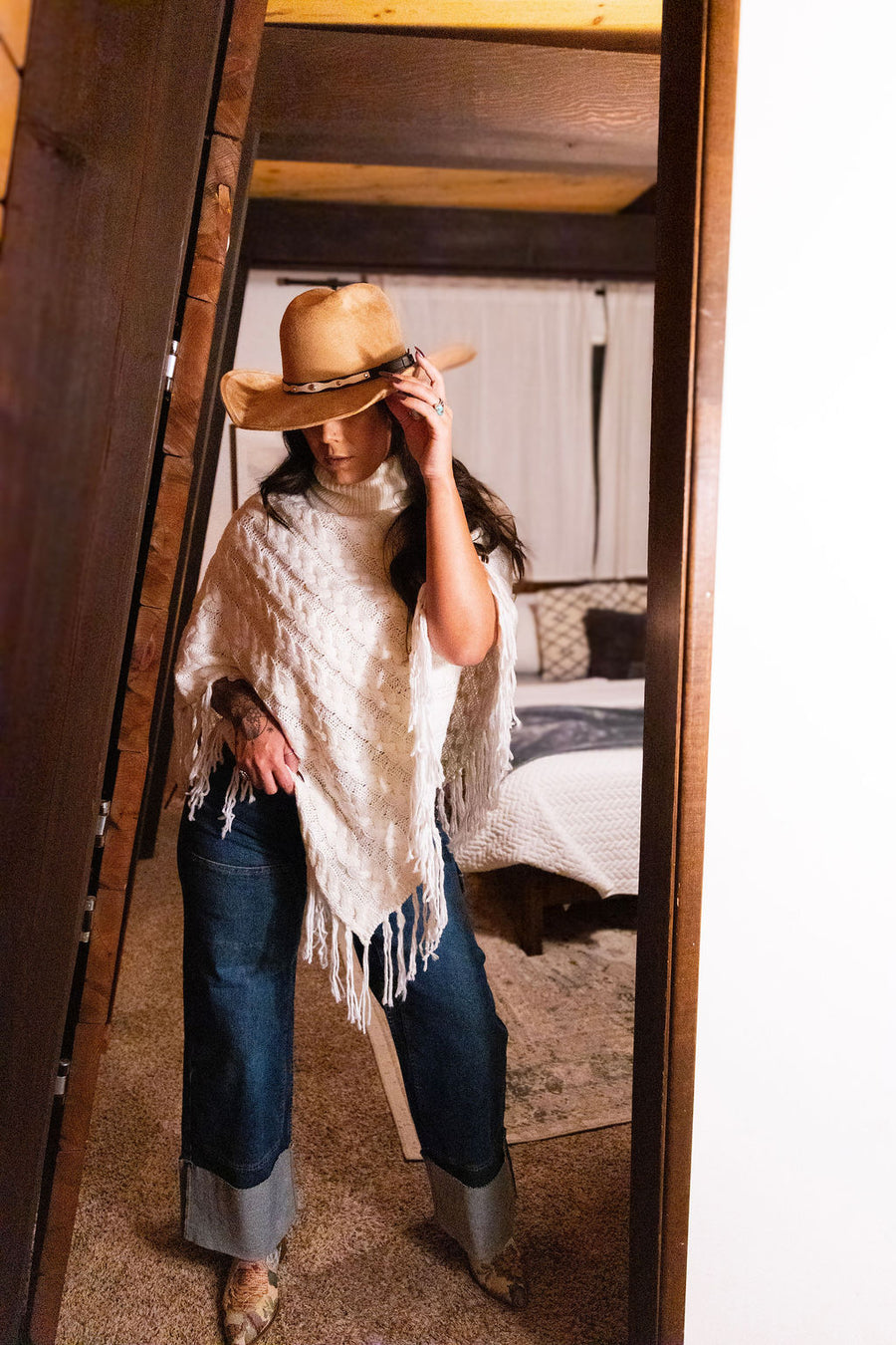 The Chalet Fringe Cream Poncho